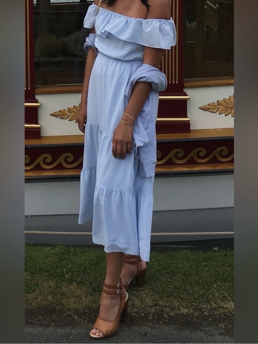 Club Monaco Hamisi Dress Sky Blue Silk Off Shoulder Midi Dress Size 2 EUC
